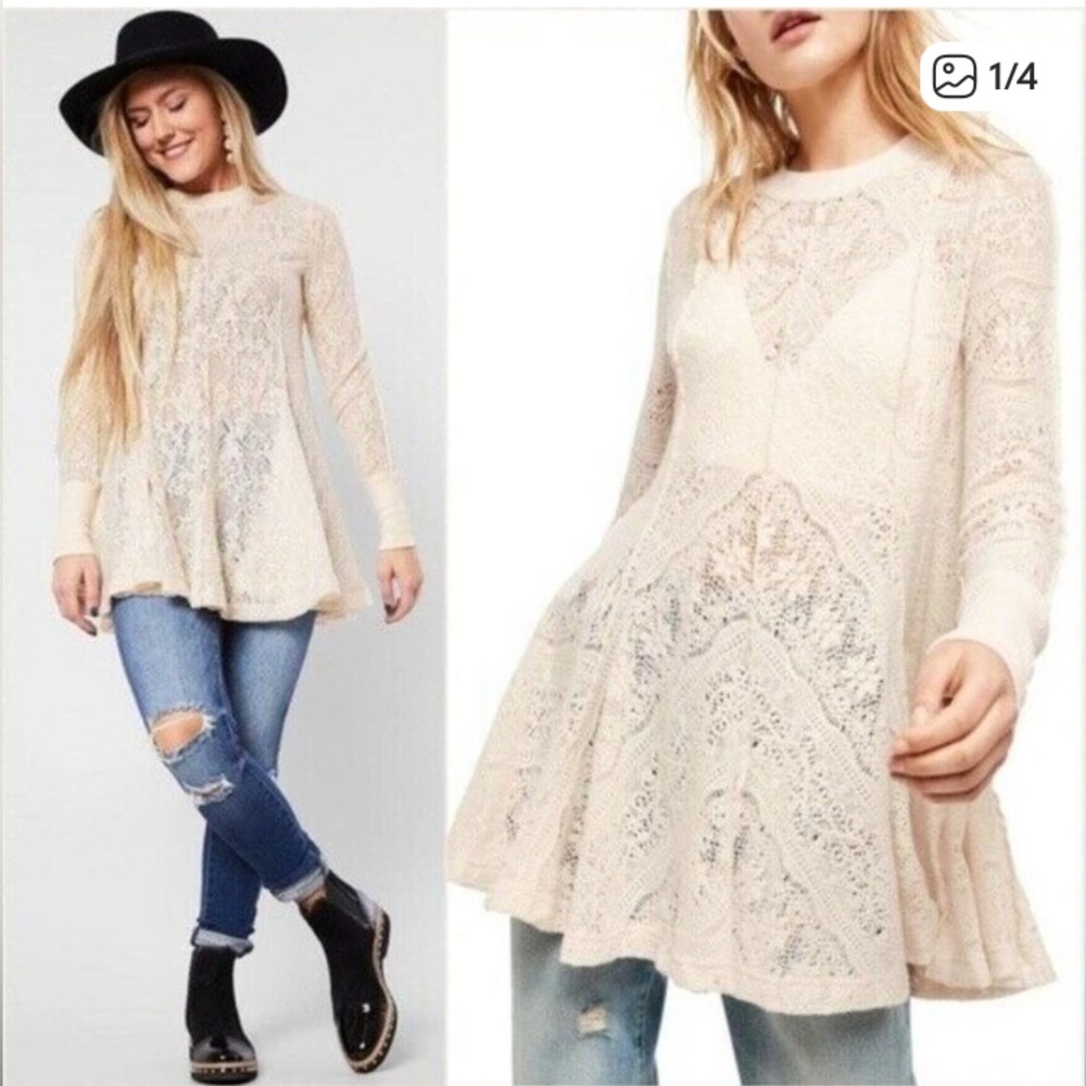 NEW - FREE PEOPLE Women Coffee in The Morning Lace Ribbed Trim Tunic Sweater| XS